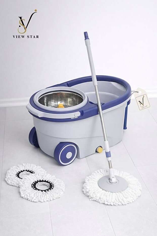 Viewstar Spin Mop Set with Wheels – Stainless Steel Handle, 2 Microfiber Heads, 7 Brushes, 6L Bucke