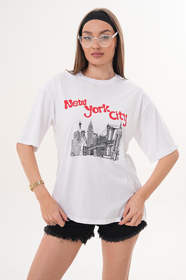 Women's Print Detailed Oversized T-Shirt 260254
