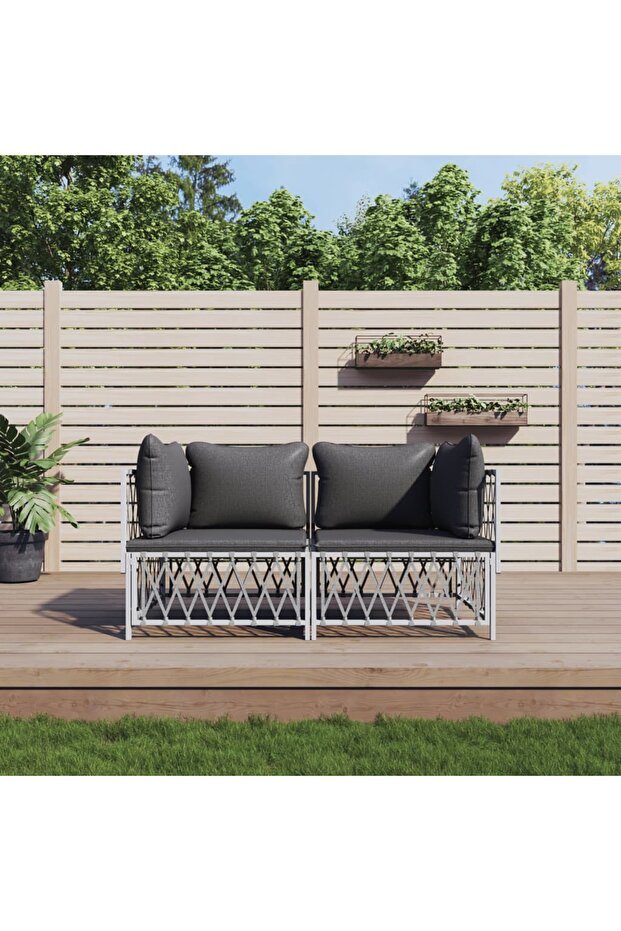 2 Piece Garden Lounge Set with Cushions White Steel