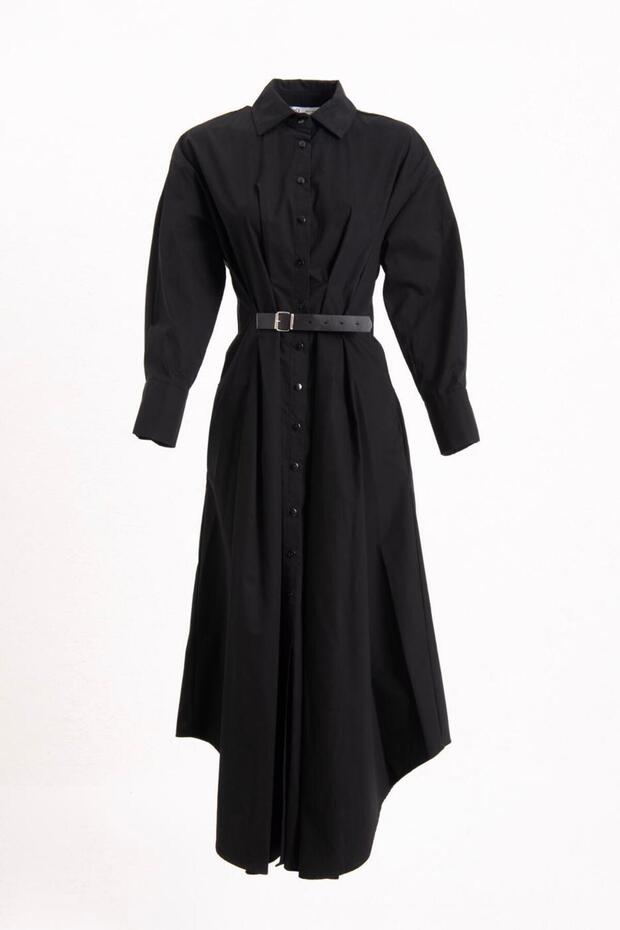 Kemerli Midi Gömlek Elbise - 1