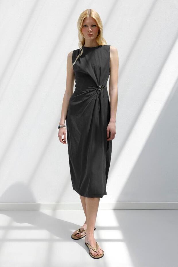 Tencel Drape Detaylı Midi Elbise - 2