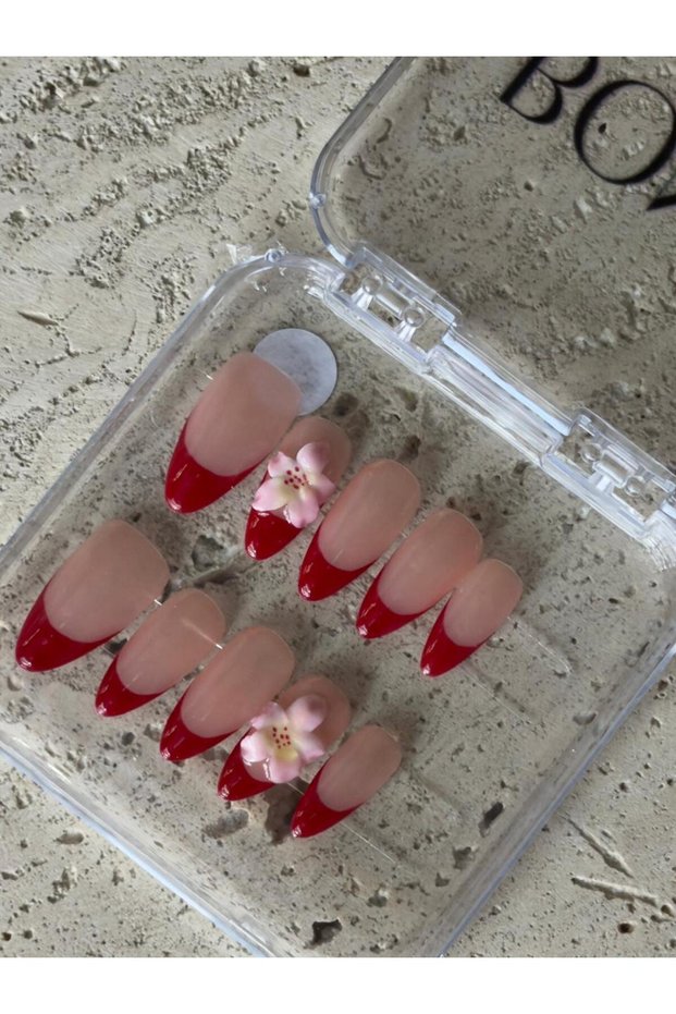 Gel Press-On Nails in Red French Tip — 3D Pink Blossom Detail, Almond Shape -M-Prayer Friendly Gel Nail Tips Colorful – Easy Remove Press-On Nails, Reusable