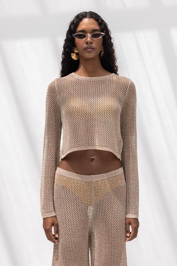 Simli Crop Plaj Örgü Bluz - 5