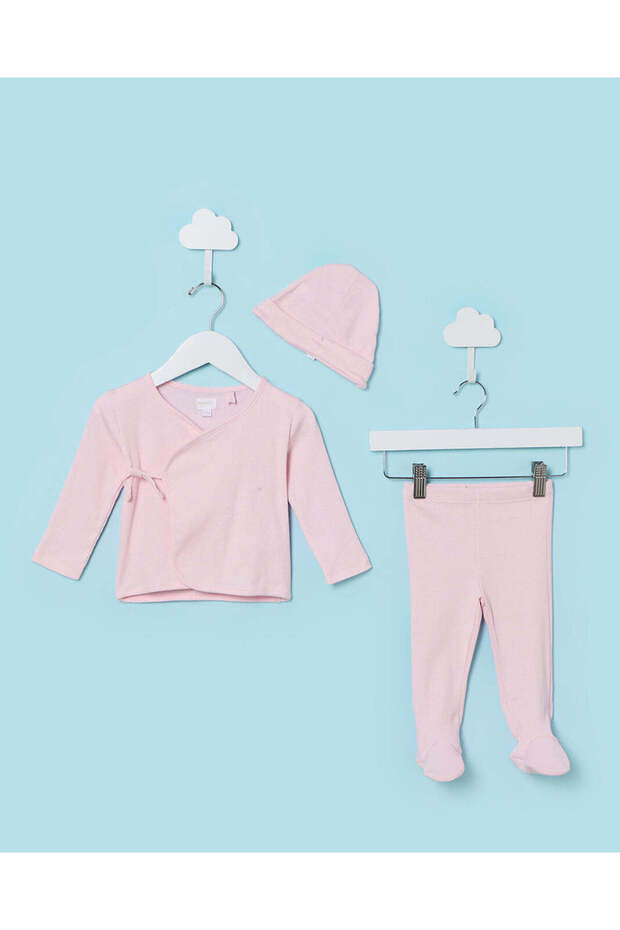 Baby Pale Pink Ribbed Fabric 3 Piece Night Set