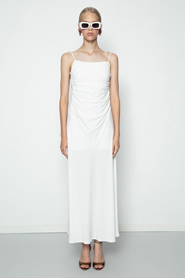 Drapeli Askılı Maksi Elbise - 4