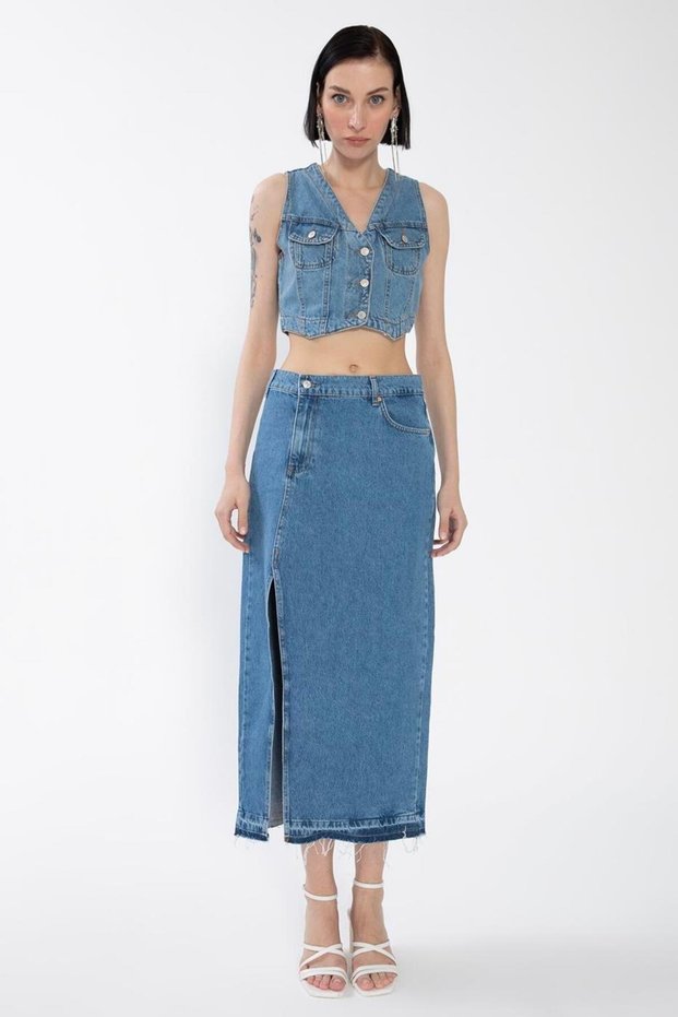 Yırtmaçlı Denim Etek