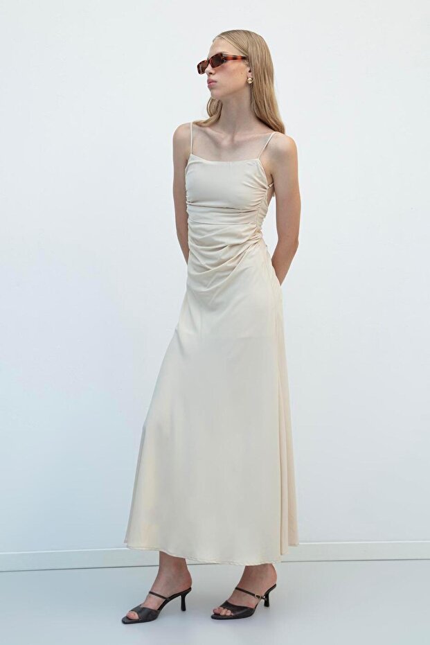 Drapeli Askılı Maksi Elbise - 2