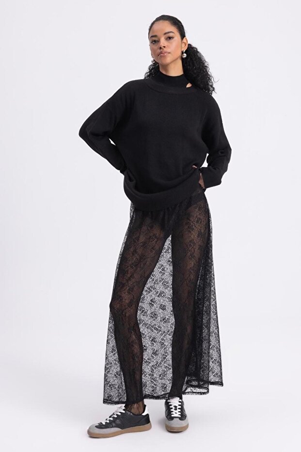 Transparan Dantel Midi Etek - 1