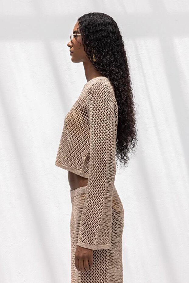 Simli Crop Plaj Örgü Bluz - 6