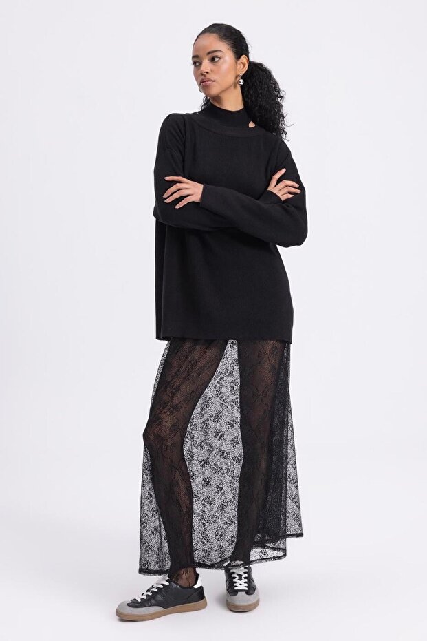 Transparan Dantel Midi Etek - 2