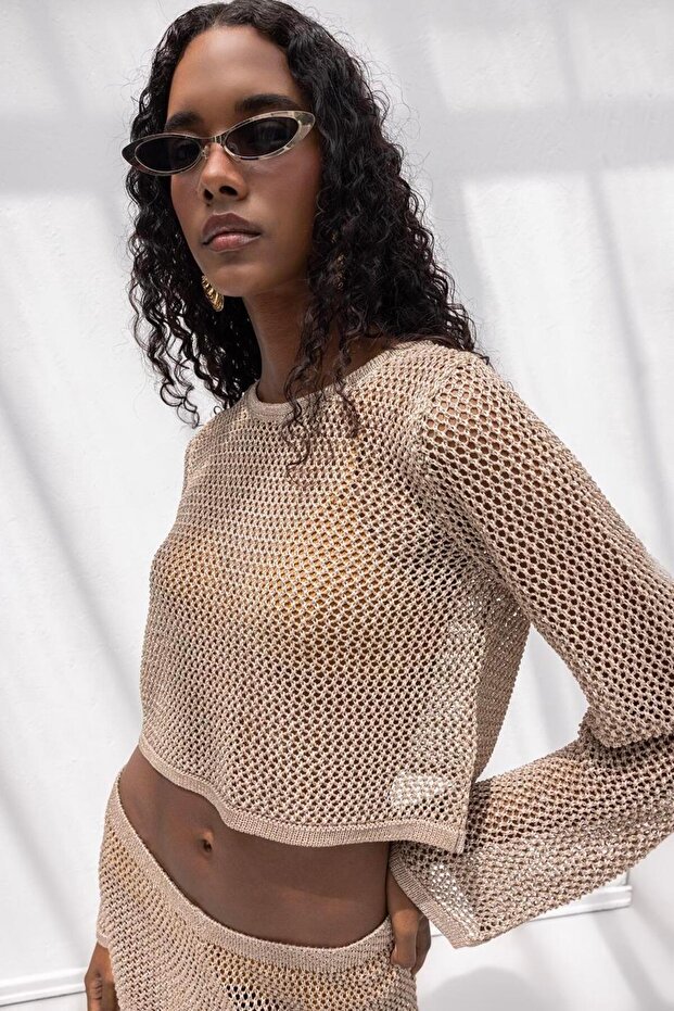 Simli Crop Plaj Örgü Bluz - 4