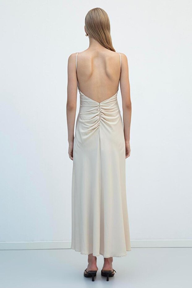 Drapeli Askılı Maksi Elbise - 7