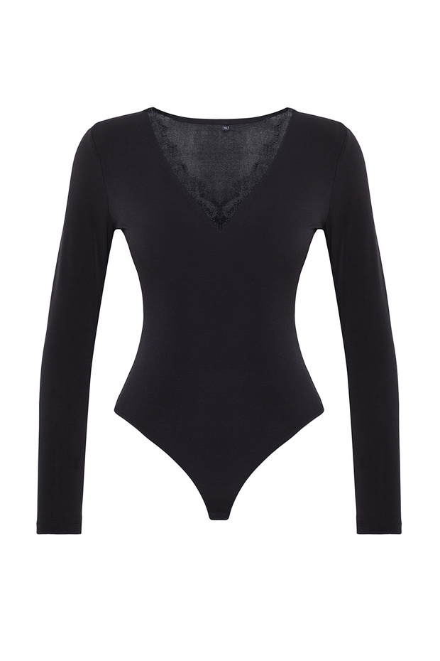 Siyah Örme Danteli Yaka Detaylı Body - 5