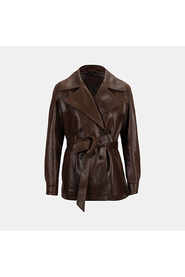 Women's Tan Belt Li Double-Breasted Leather Trench Coat