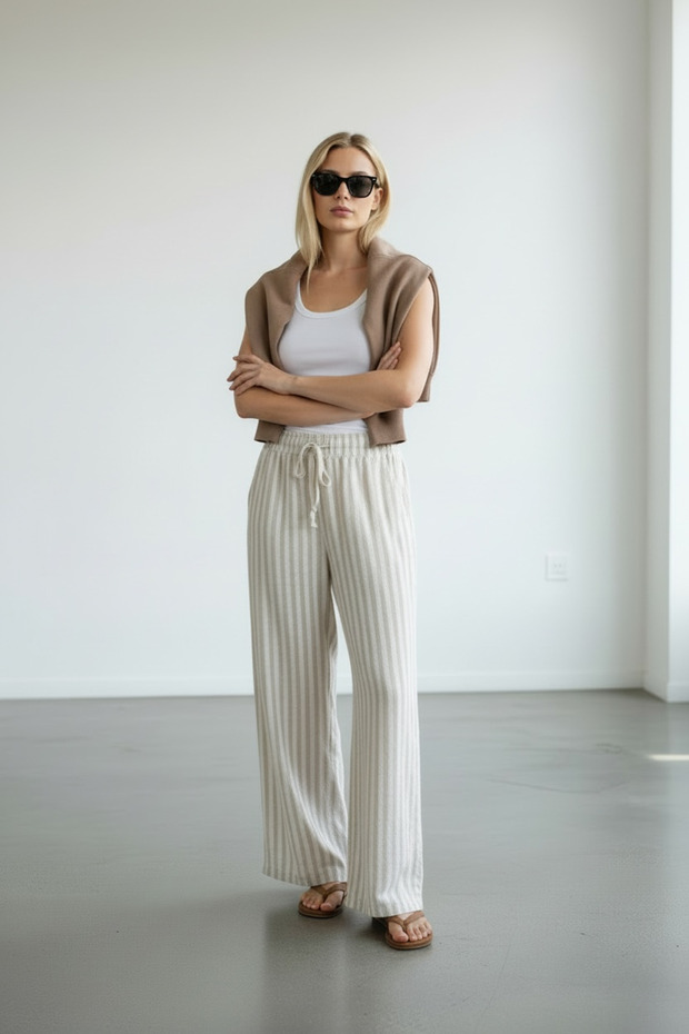 Women's Ecru Beige Striped Muslin Pants