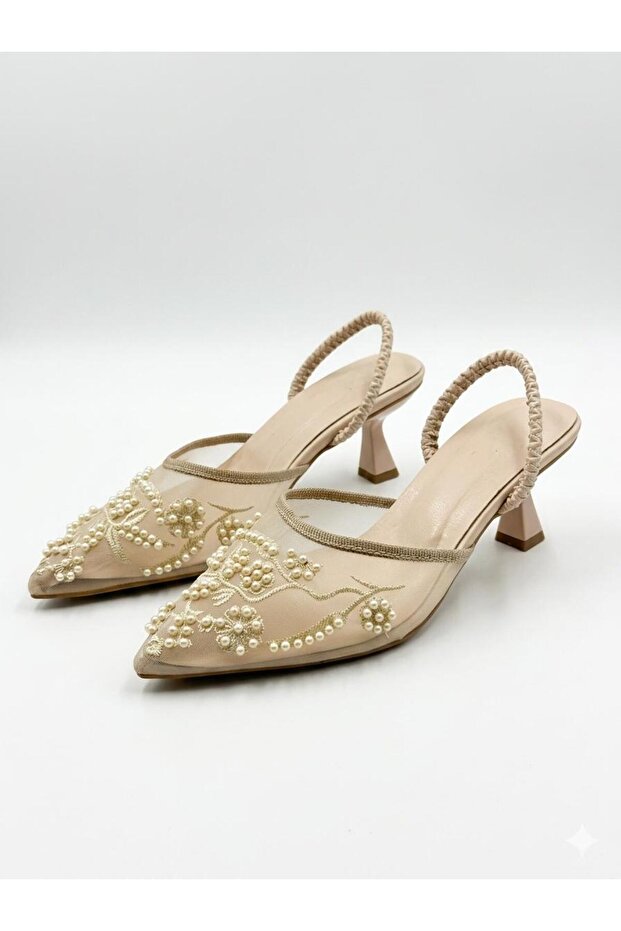 Women's Tulle Mesh Beaded Embroidery Detailed Shoes with 5cm Thick Heel