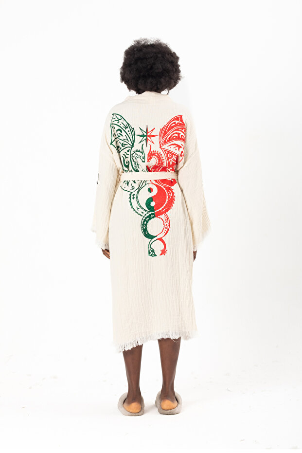 100% Cotton Natural Dragon Printed Muslin Kimono, Kaftan, Dressing Gown