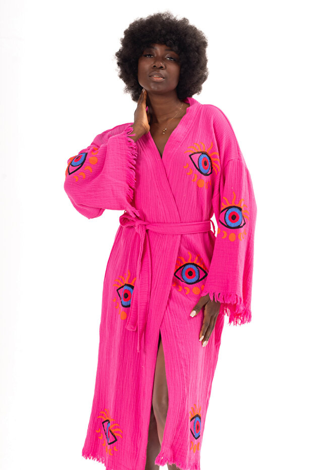 100% Organic Cotton Moon Pattern Printed Muslin Kimono Kaftan, Dressing Gown
