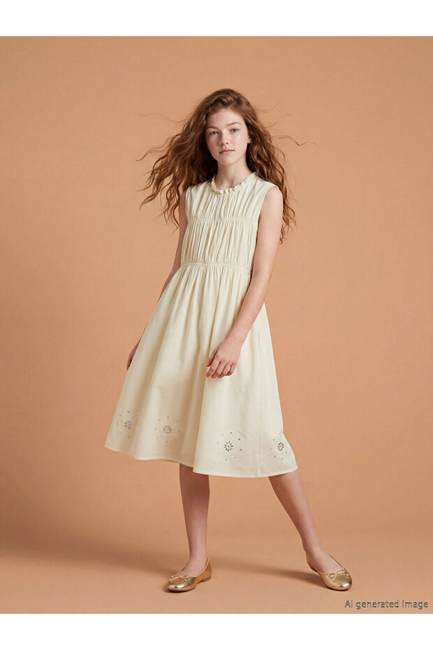 Lcw Kids Ruffle Collar Stoned Girl's Gabardine Dress