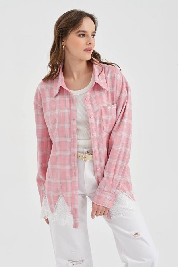 Women's Plaid Fabric Lace Detailed Long Sleeve Design Shirt