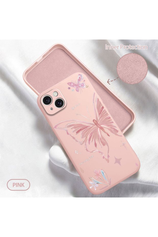 حافظة من السيليكون السائل بتصميم فراشة خاص متوافقة مع هاتف iPhone 15 Plus، رفيعة ومقاومة للانزلاق