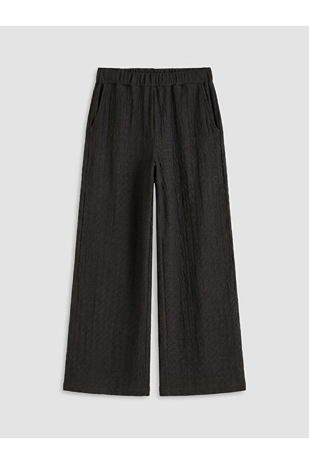 Brown Textured Women's Trousers with Elastic Waist