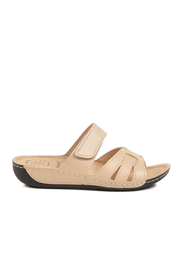 Beige Velcro Anatomical Women's Flat Slippers
