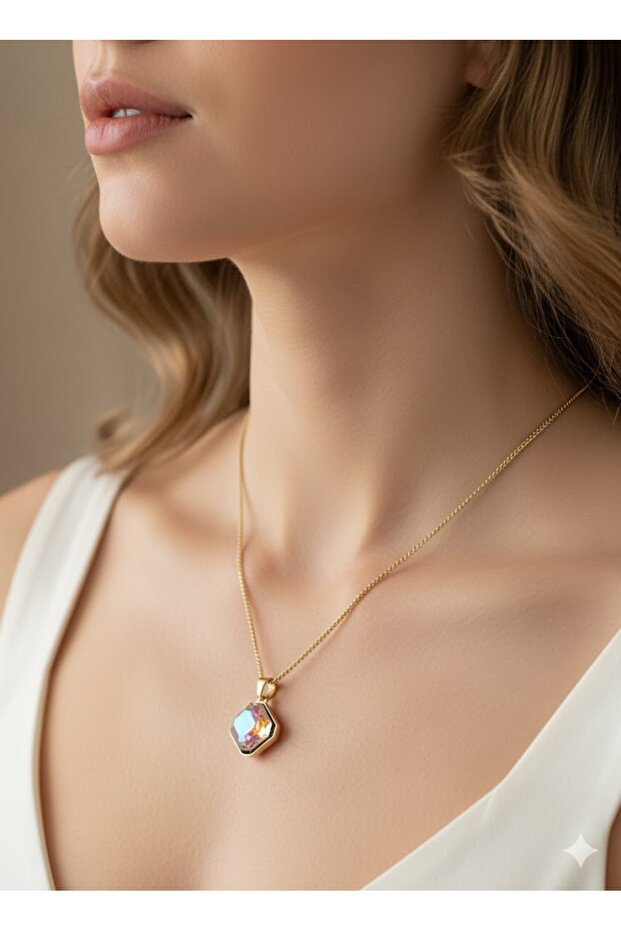 3S Geometric Cut Chunky Aurora Crystal Steel Necklace