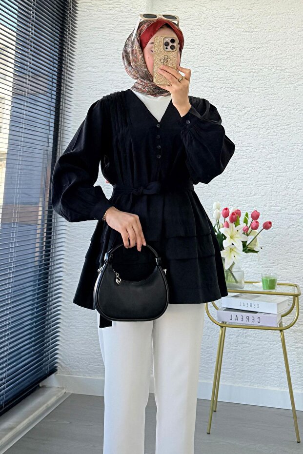 V-Neck Ribbed Detailed Modal Women's Tunic – Black