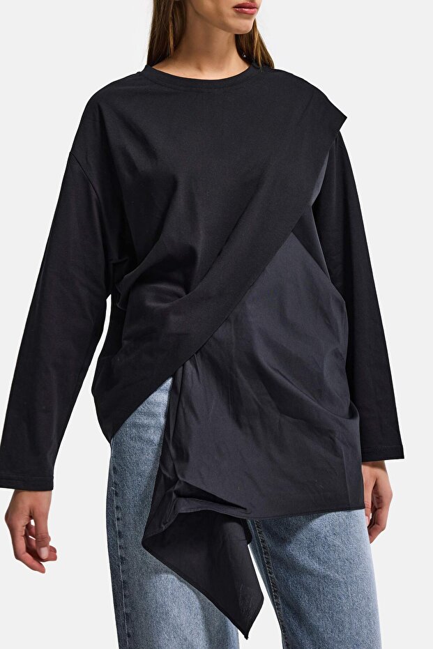 Kadın Siyah w5 Oversize Çift Parça Tasarım Gömlek Sweatshirt - 4