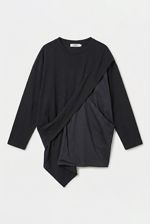 Kadın Siyah w5 Oversize Çift Parça Tasarım Gömlek Sweatshirt - 3