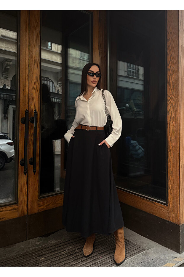 Women's Pocketed Belt Piece Long Skirt