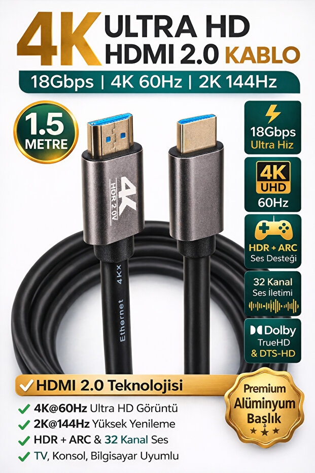 High Quality 1.5 Meter 4K Ultra Hd HDMI 2.0 18Gbps Hdr Arc 2K 144Hz Aluminum Header Gold End