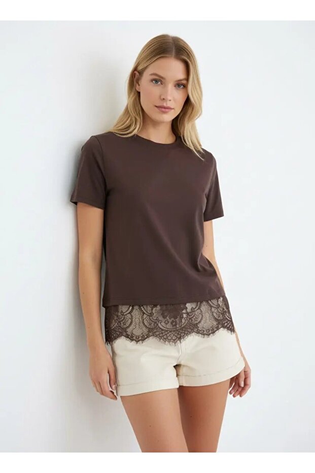 Women's Crew Neck Lace Detail Viscose Combed Cotton Blouse 13008