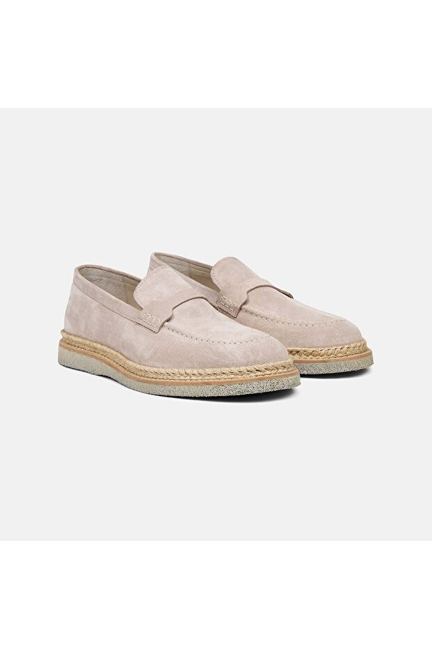 Men's Beige Straw Detail Suede Leather Loafers