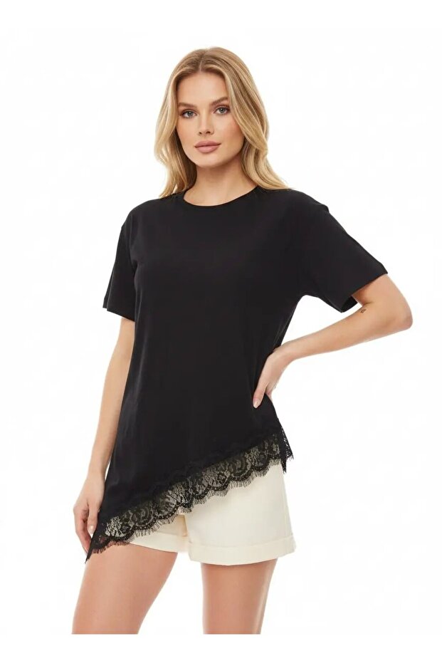 Women's Crew Neck Lace Detail Combed Cotton Blouse 26007