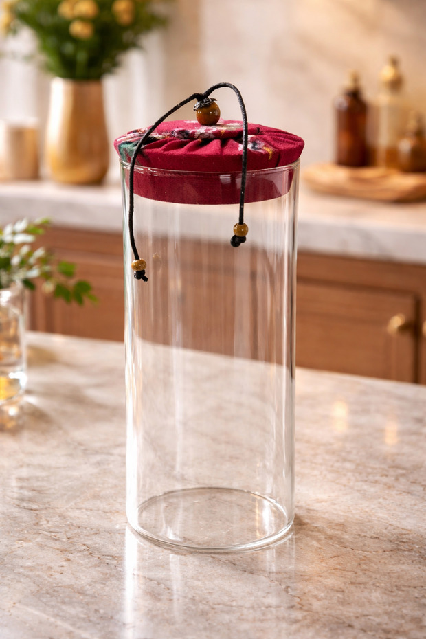 1000 ml Borosilicate Glass Airtight Jar with Red Fabric Cover and Bamboo Lids, Diameter: 8 Cm, Height: 25 cm