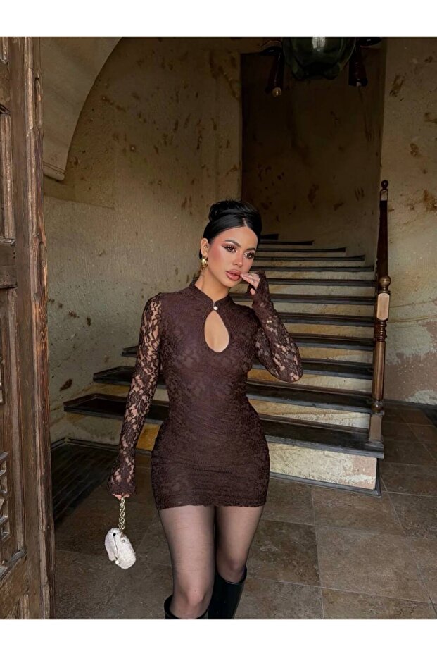 Halter Neck Front Pearl Buttons Drop Decollete E Stretchy Classy Elegant D Lace Guipure Mini Dress