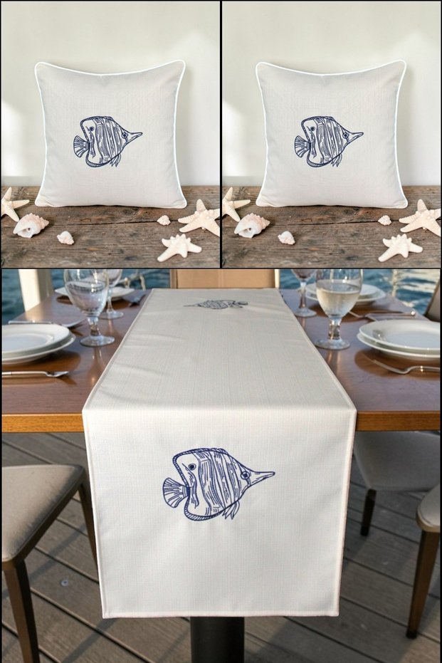 Marin Embroidered Table Runner 145X40 and 45X45 Cushion Set Fish Pattern Water-Repellent Outdoor K Linen Boat Garden