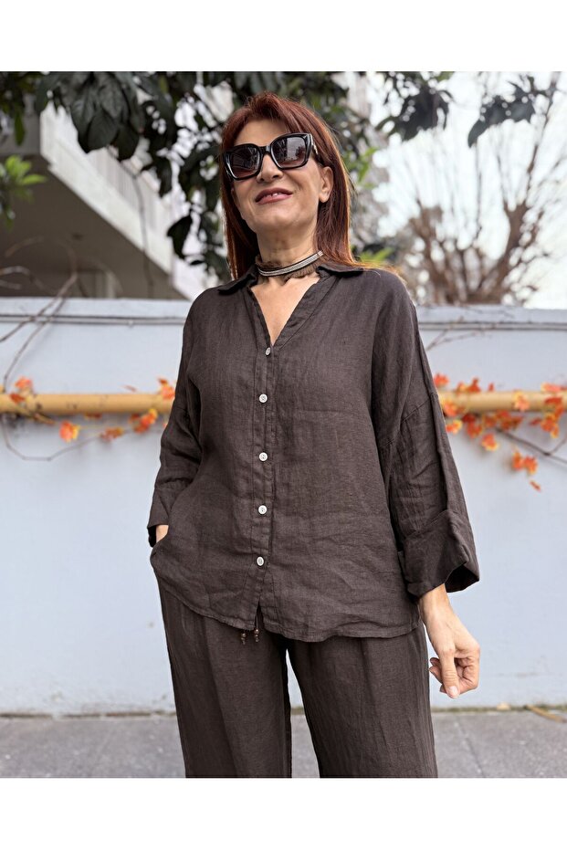 Sırtı Piped Italian K Linen Shirt Bitter Brown