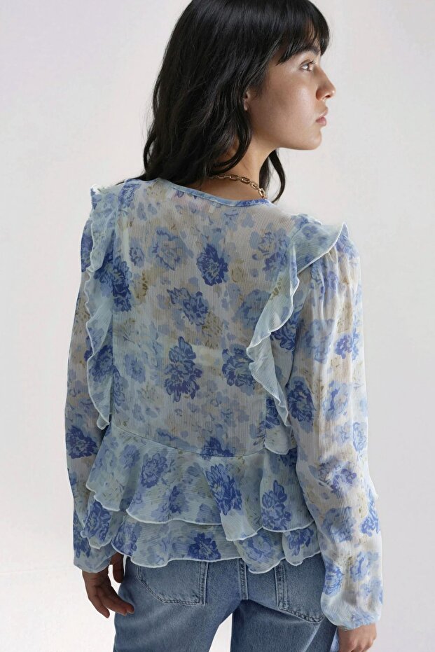 Frilly V-Neck Patterned Blouse - 3