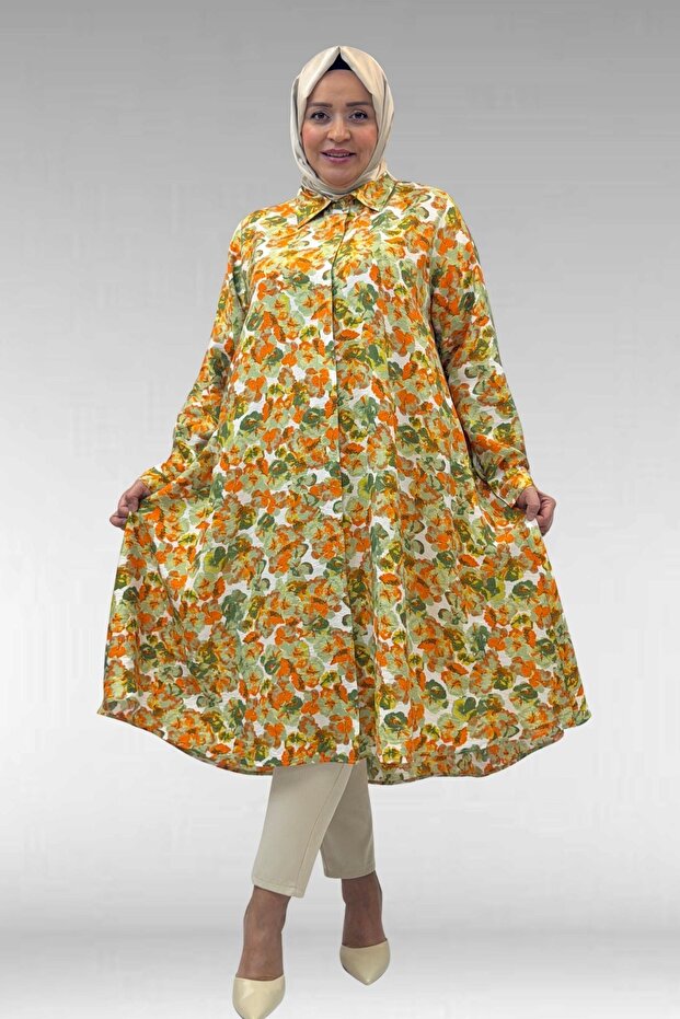 68015 Plus Size Mevlana Cut Mango Shirt - Floral Pattern Green