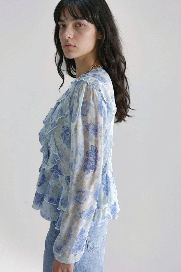 Frilly V-Neck Patterned Blouse - 2