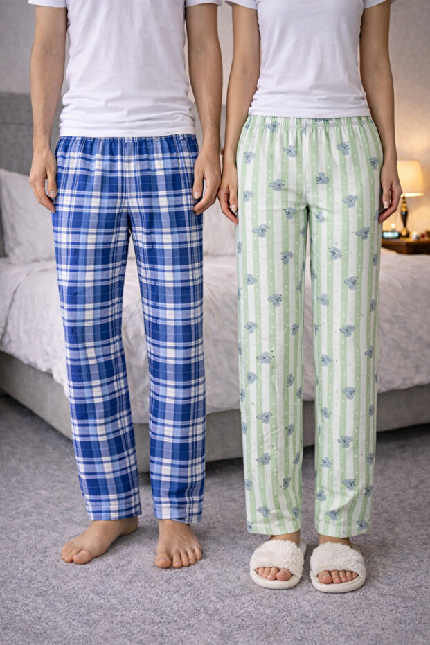 100% Cotton Combed Single Jersey Double Set of 2 Women's and Men's Pajama Bottoms