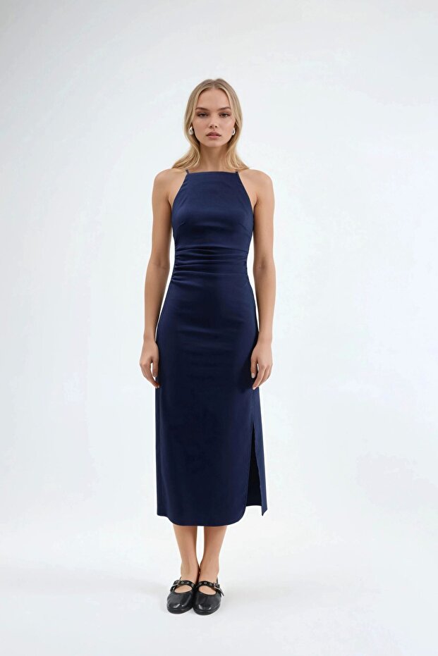Askılı, yırtmaçlı midi elbise - 6