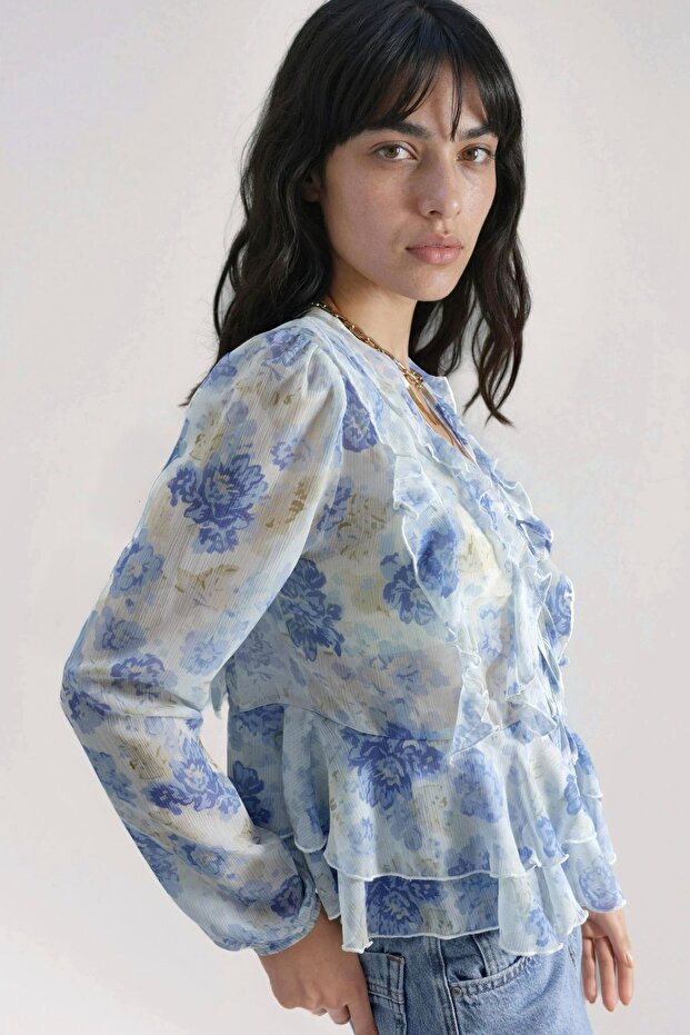 Frilly V-Neck Patterned Blouse - 4