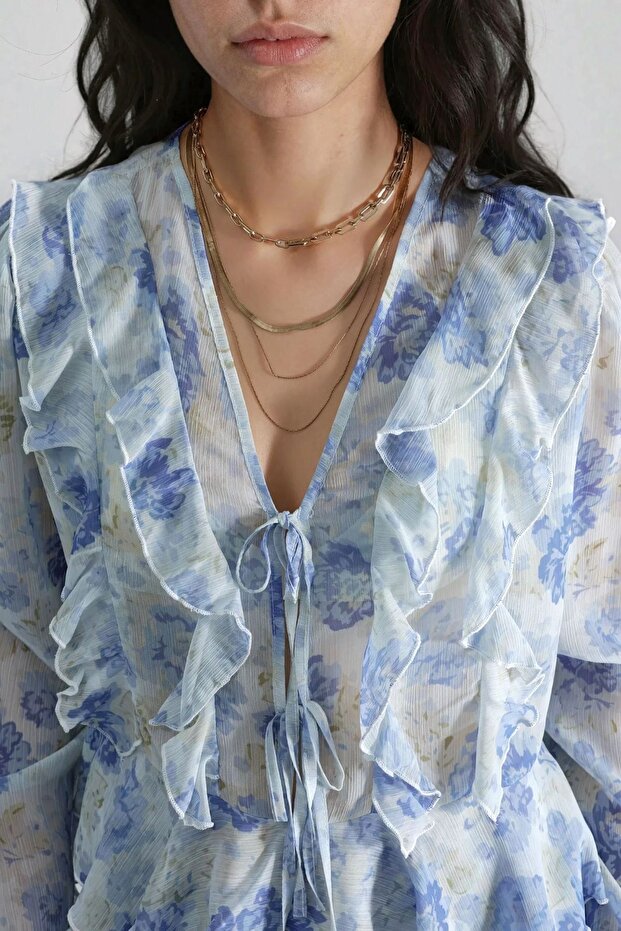 Frilly V-Neck Patterned Blouse - 6