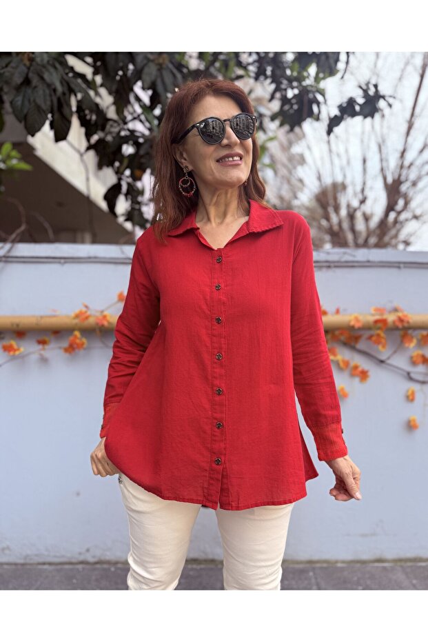 Back Button Collar Cotton Mesh Shirt Red