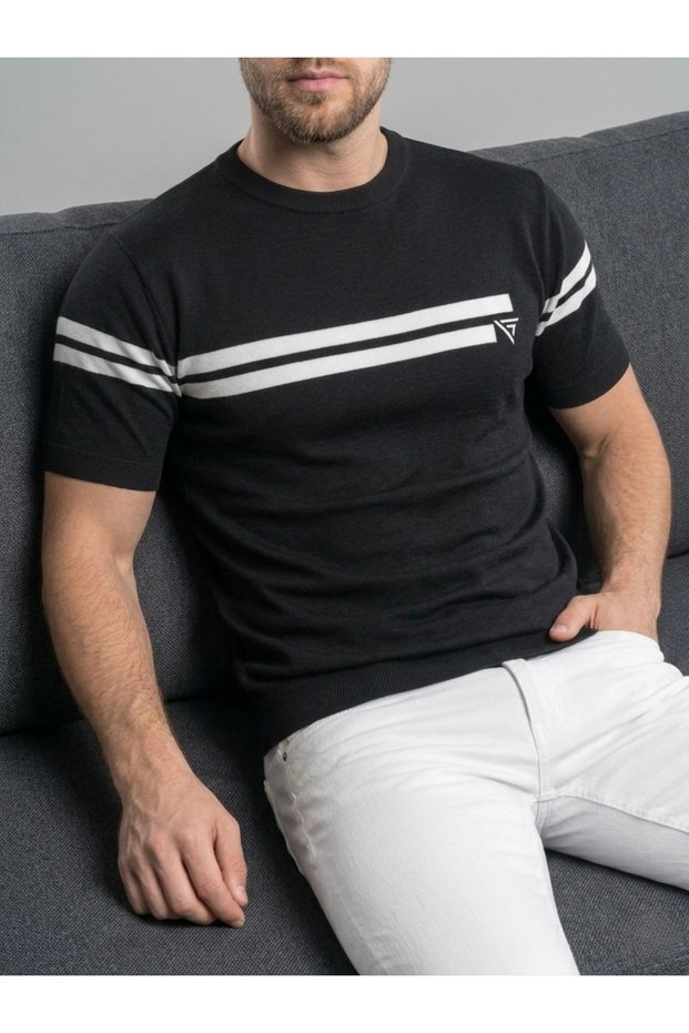 Men's Black Striped Crew Neck Slim Fit T-Shirt