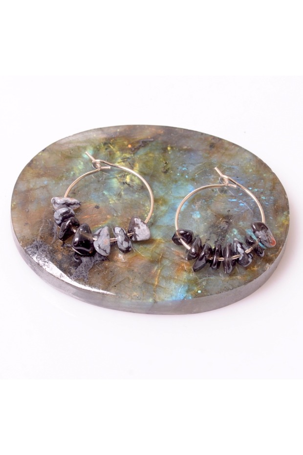 Obsidian Stone Steel Hoop Earrings - Snowflake Obsidian